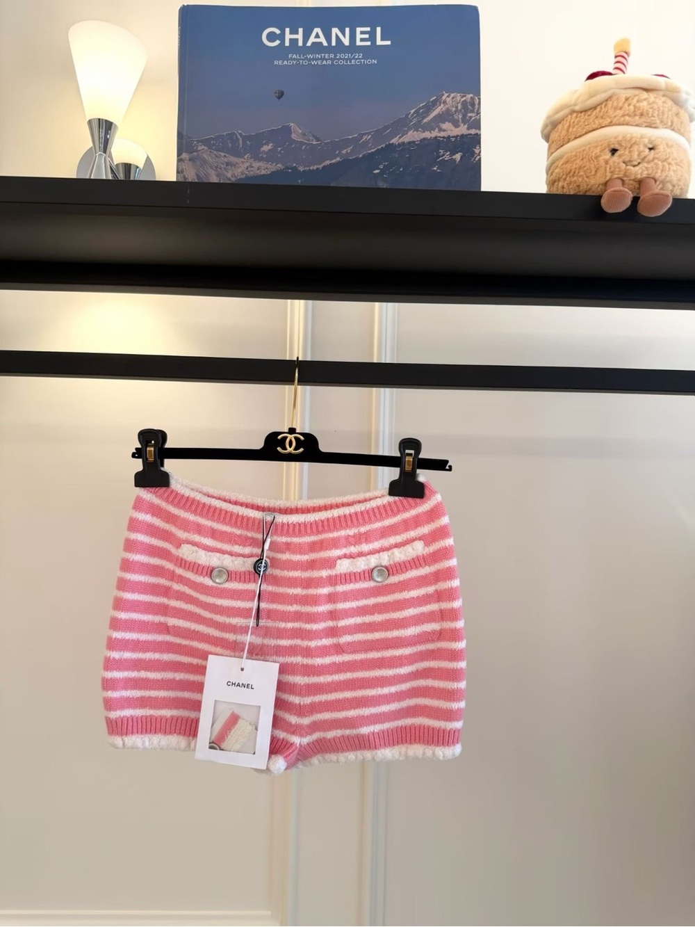 CHANEL Pink & White Striped Knit Shorts with Button Detail